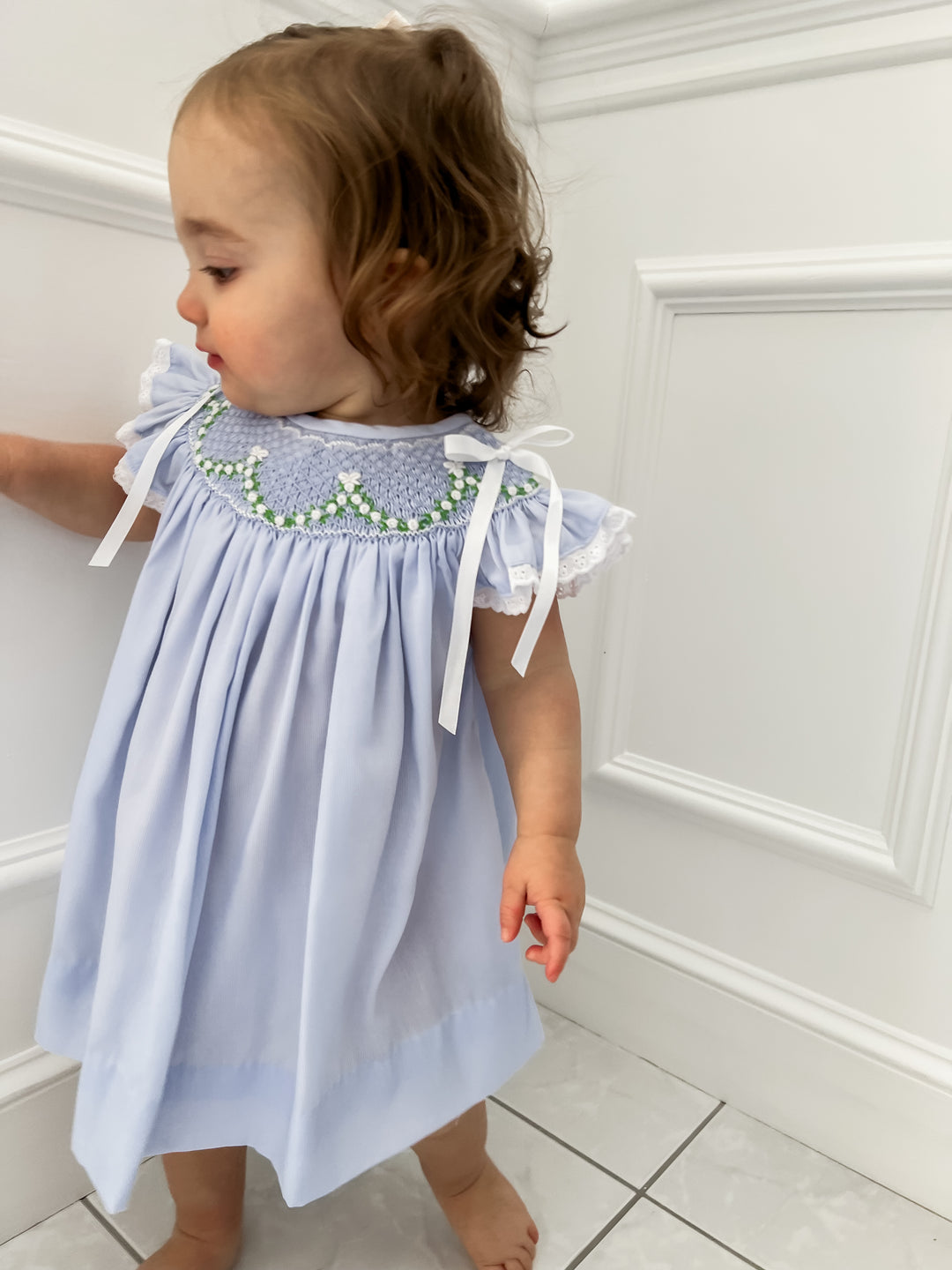 Roses & Bows Smocked Dress in Blue