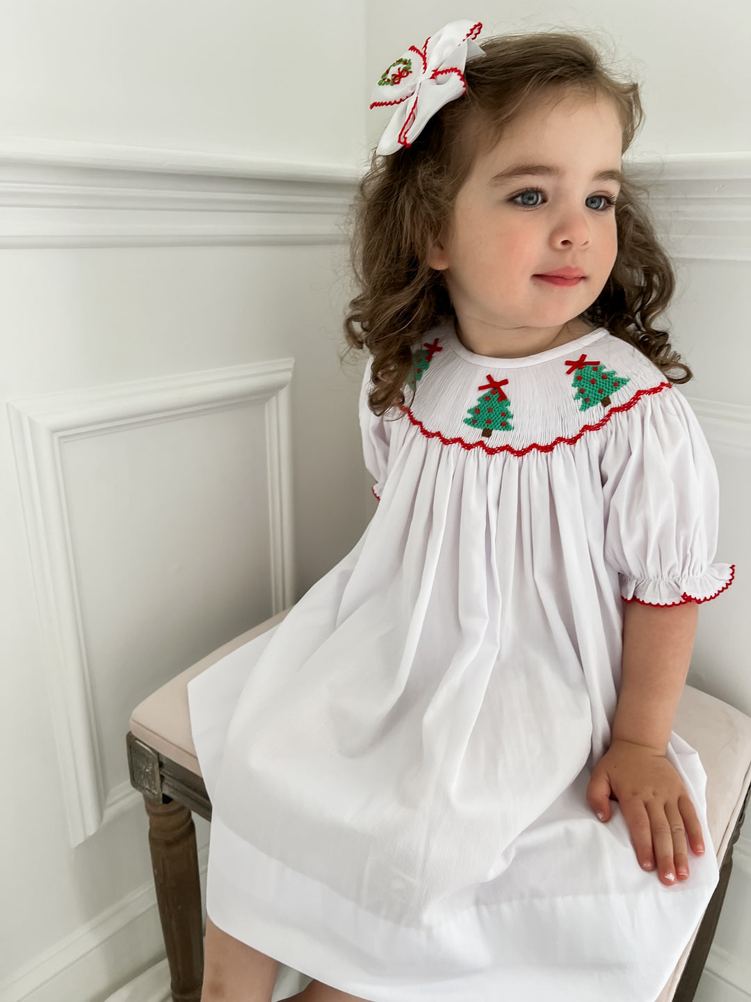 white smocked dress Christmas Tree White Smocked Dress – Lillie & Lilah