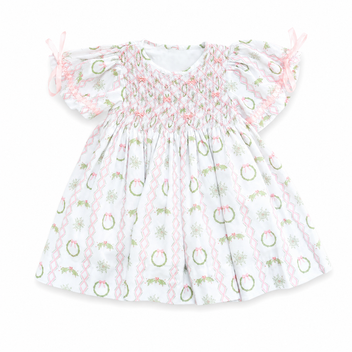 Girls Pink Christmas Wreath Smocked Dress