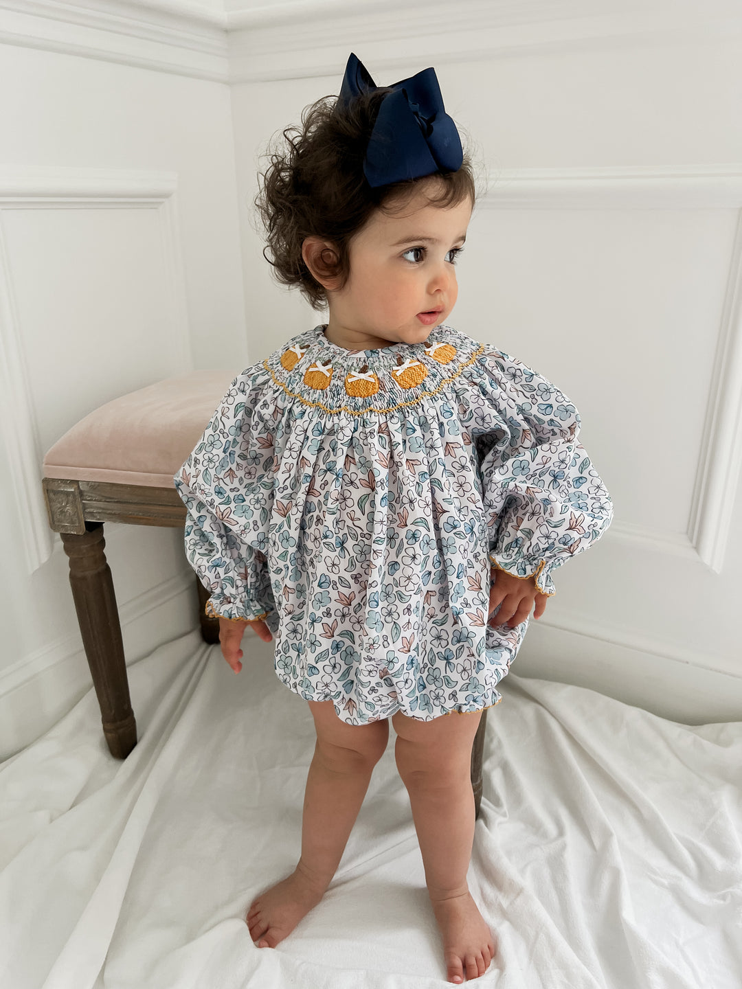 Colette Blue Floral And Pumpkin Smocked Bubble