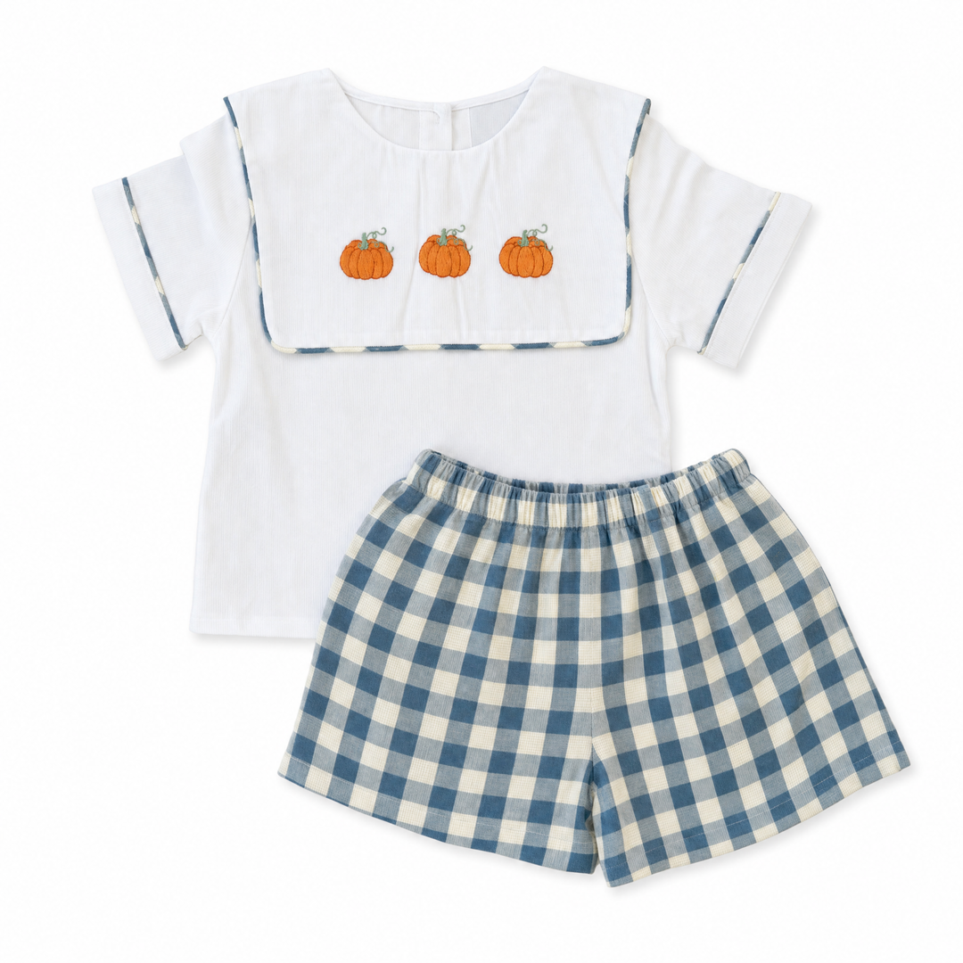 Blue Gingham Linen Pumpkin Short Set
