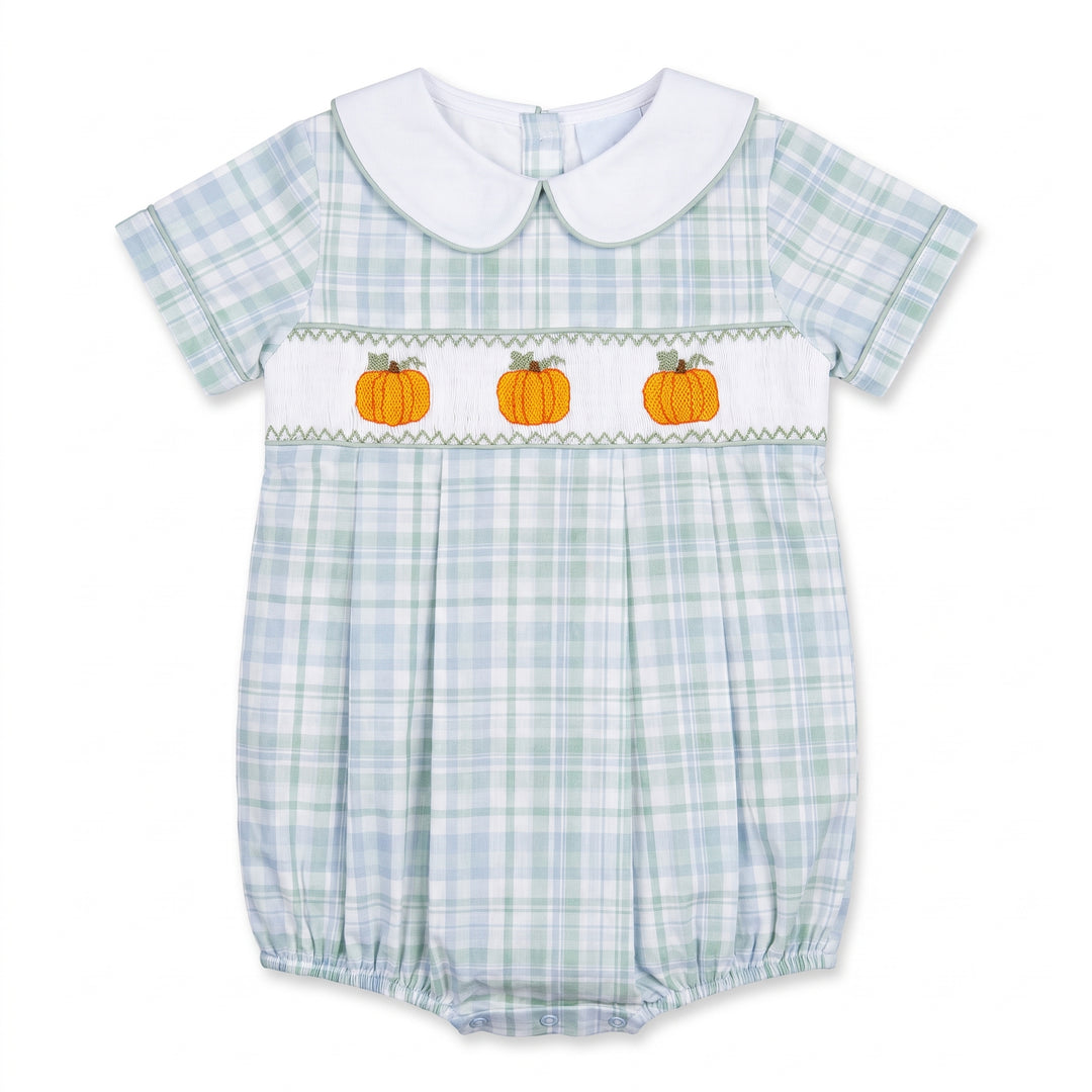 Hayes Pumpkin Smocked Bubble in Green and Blue Gingham
