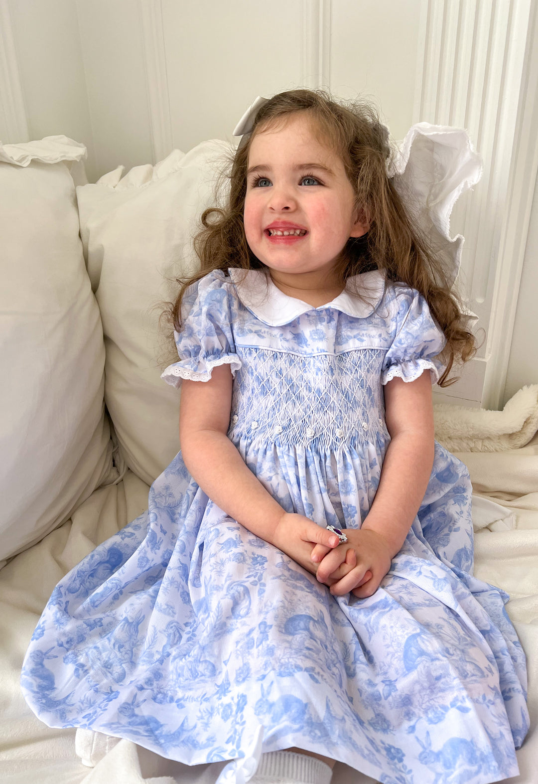 PRE-ORDER Blue Easter Bunny Toile Smocked Dress