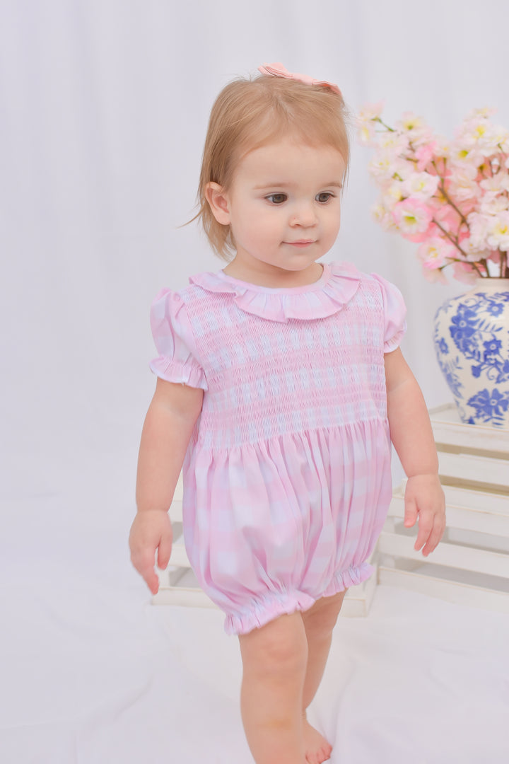 Mila Pink Gingham Smocked Bubble