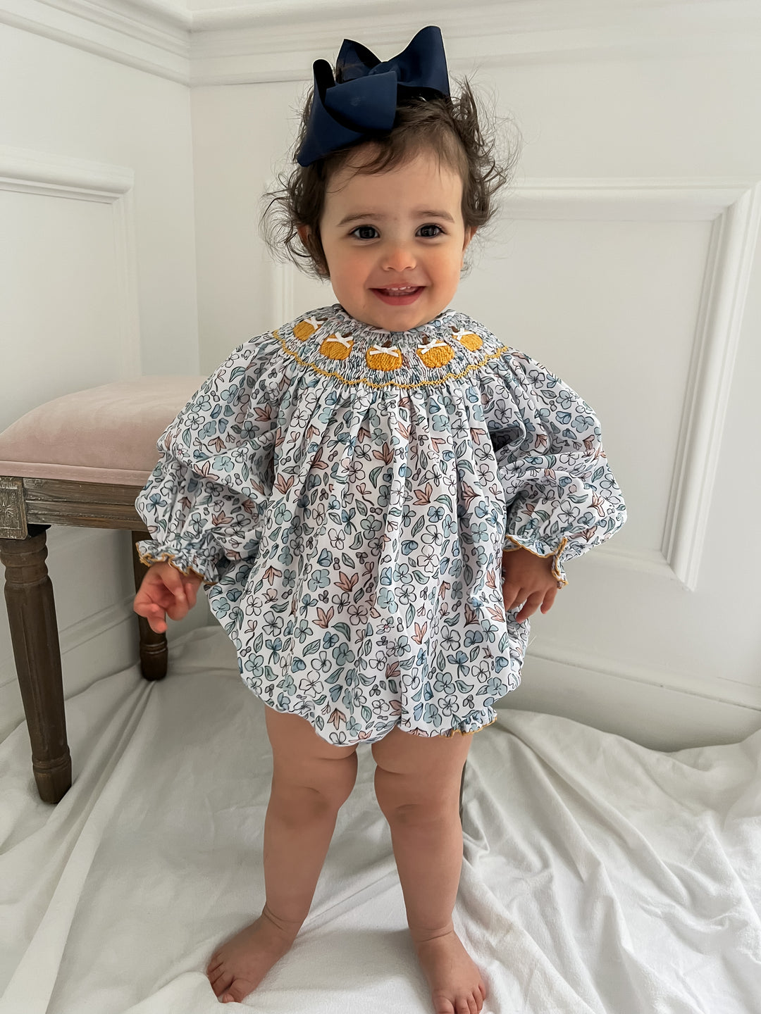 Colette Blue Floral And Pumpkin Smocked Bubble