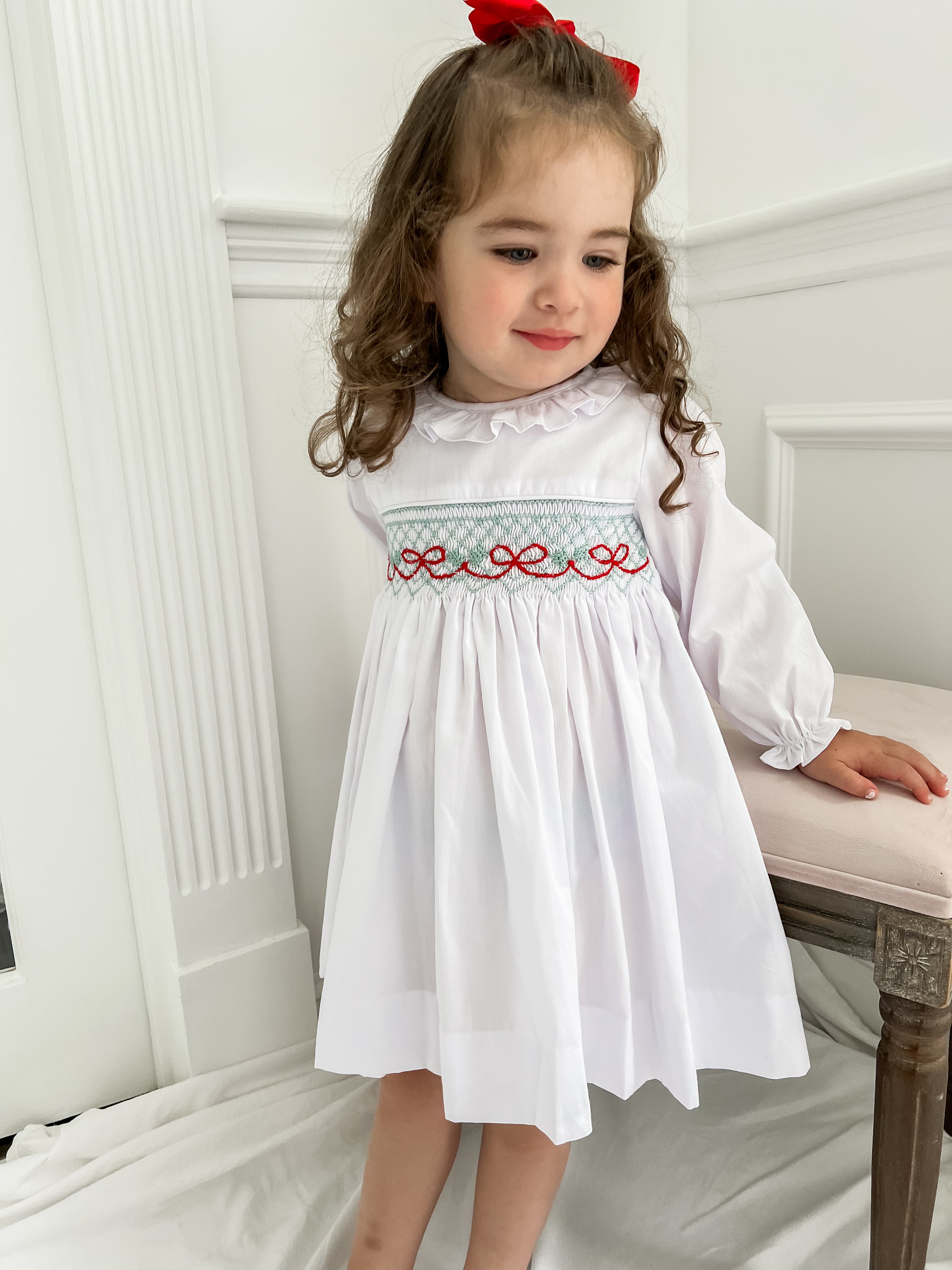 Blakely Red Bow Christmas Smocked Dress in White