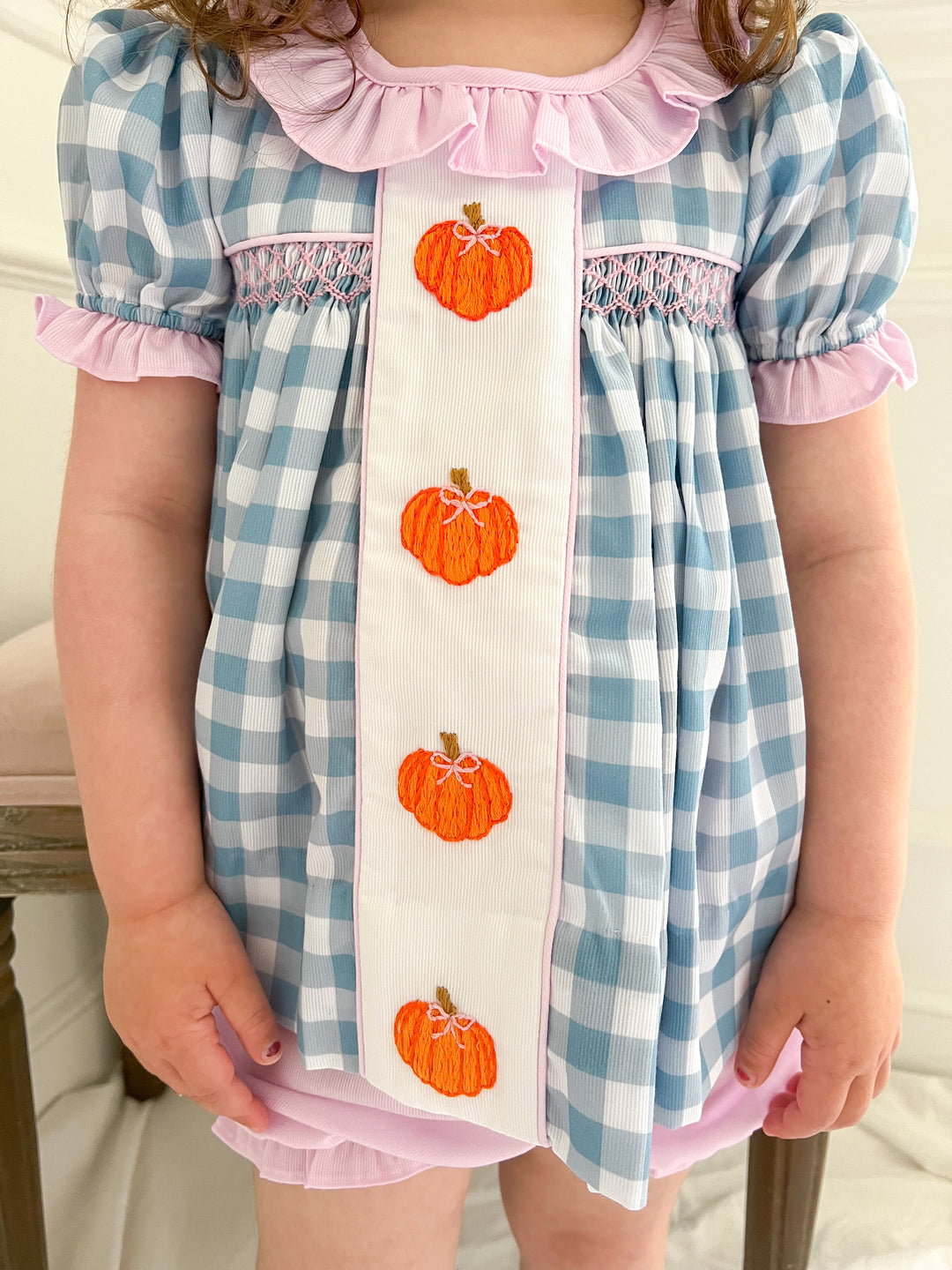 Hadley Blue Gingham Pumpkin Smocked Bloomer Set