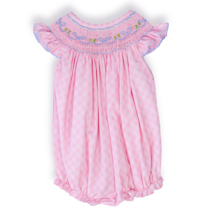 Spring Floral and Bow Pink Gingham Smocked Bubble