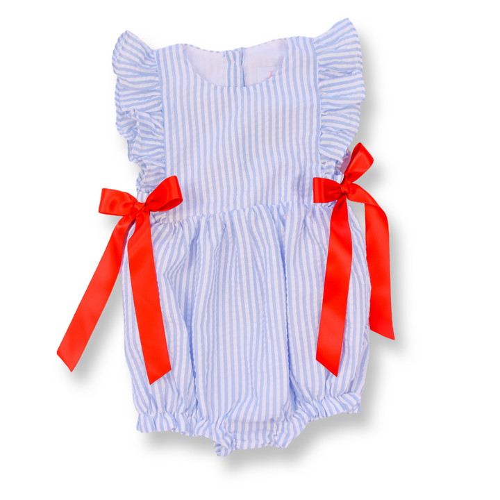 Blue Seersucker Patriotic Bubble with Red Bows