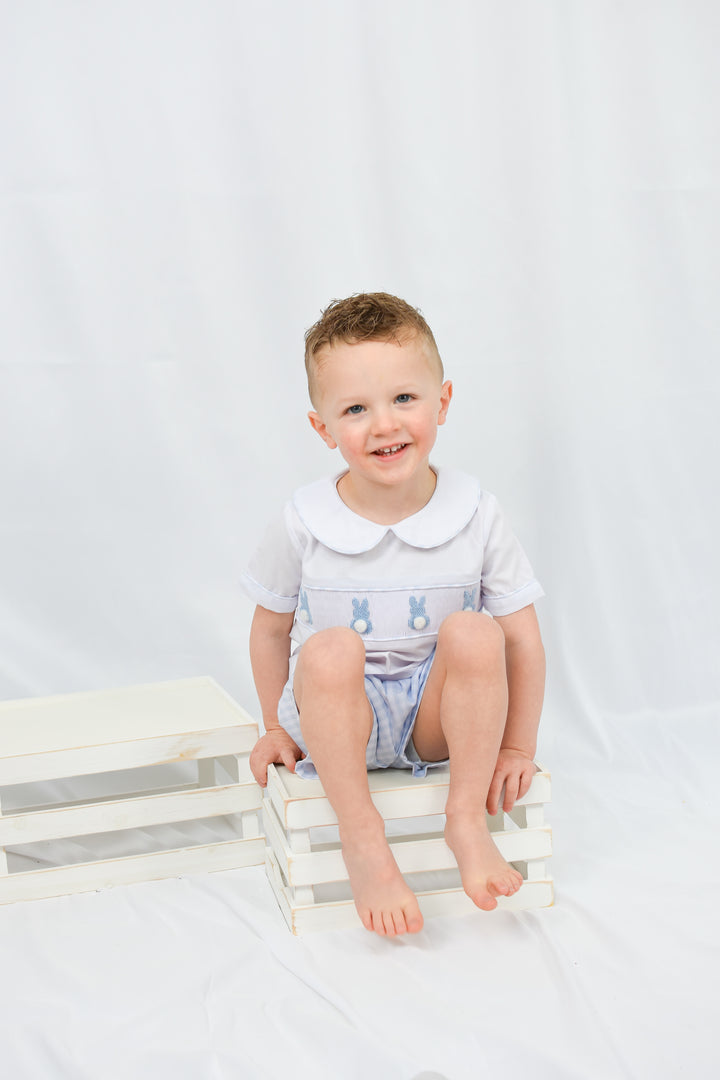 Blue Gingham Boy Bunny Smocked Short Set