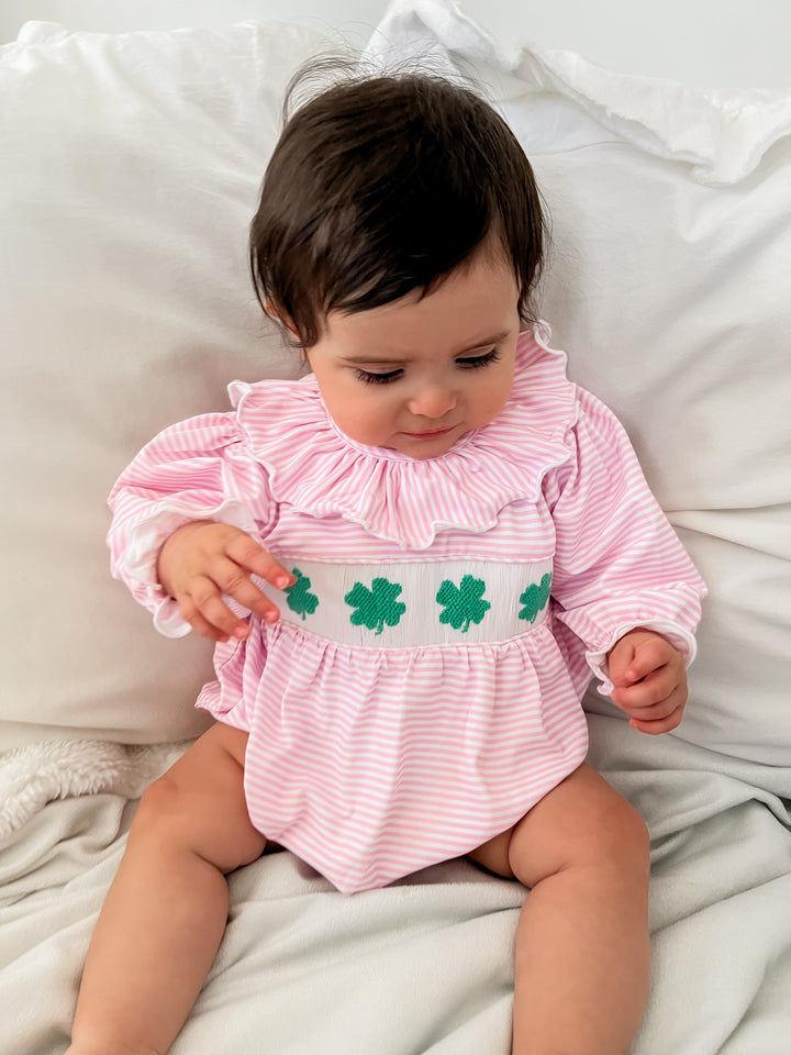 Maude Pink Four Leaf Clover Smocked Bubble