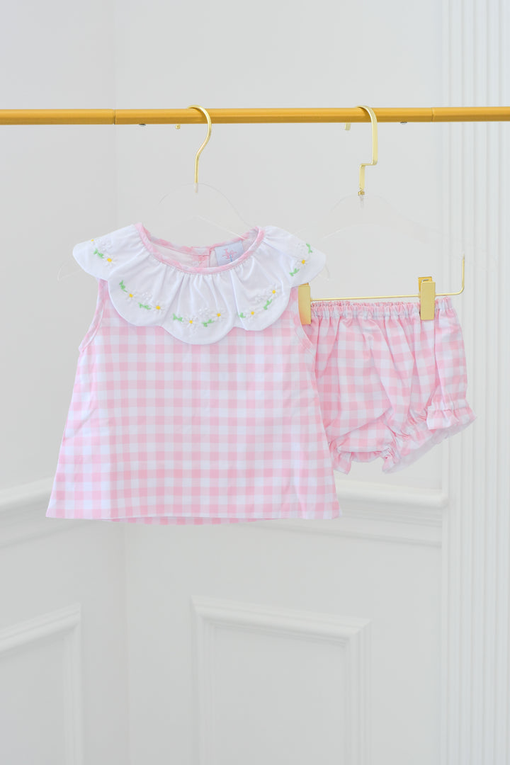 Pre-Order Darla Daisy Pink Gingham Smocked Diaper Set