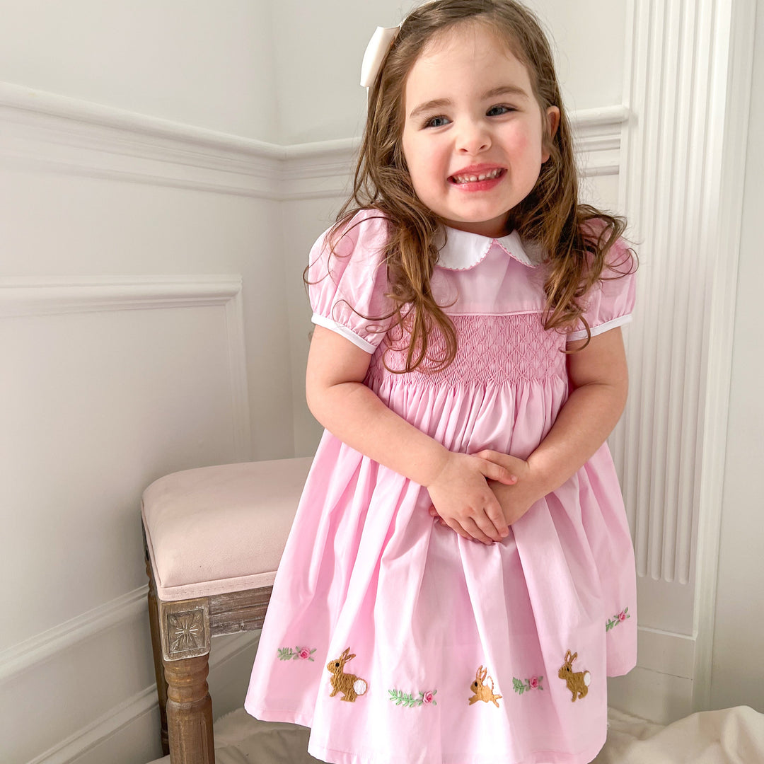 Evelyn Easter Bunny Pink Smocked Dress