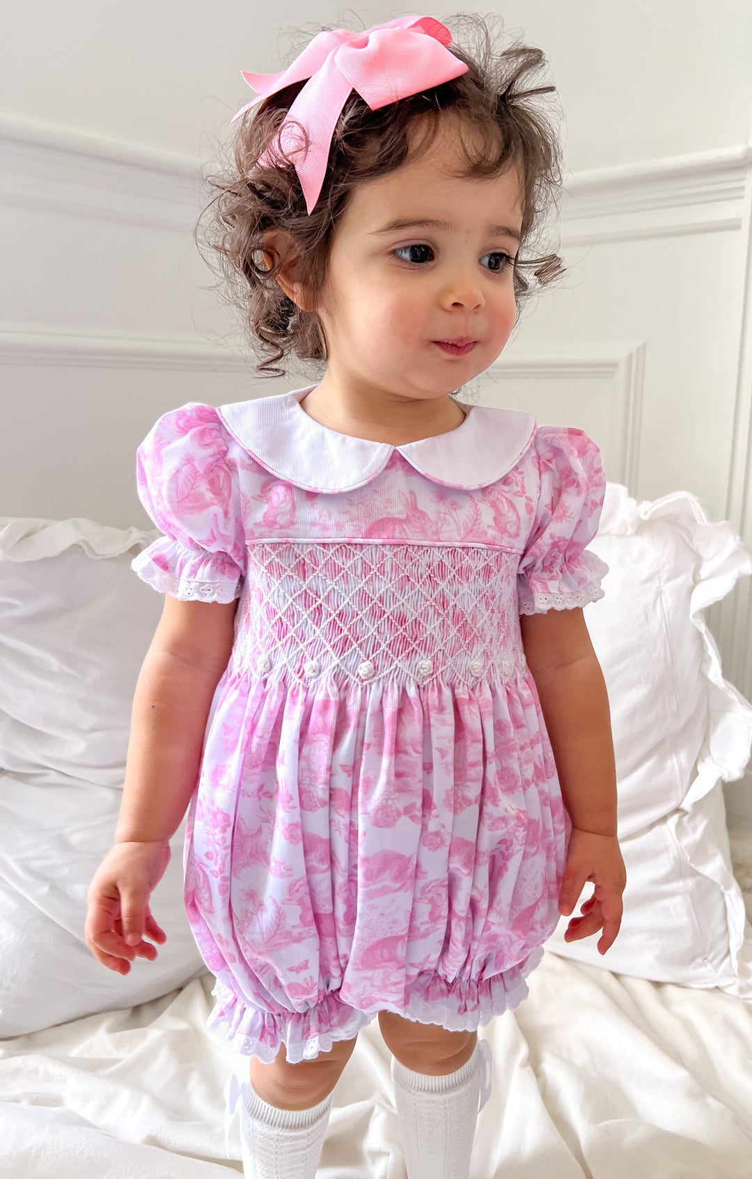 PRE-ORDER Pink Easter Bunny Toile Smocked Bubble