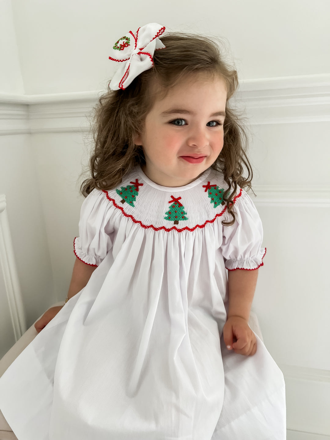 Christmas Tree White Smocked Dress Lillie & Lilah Christmas Tree White Smocked Dress Lillie & Lilah