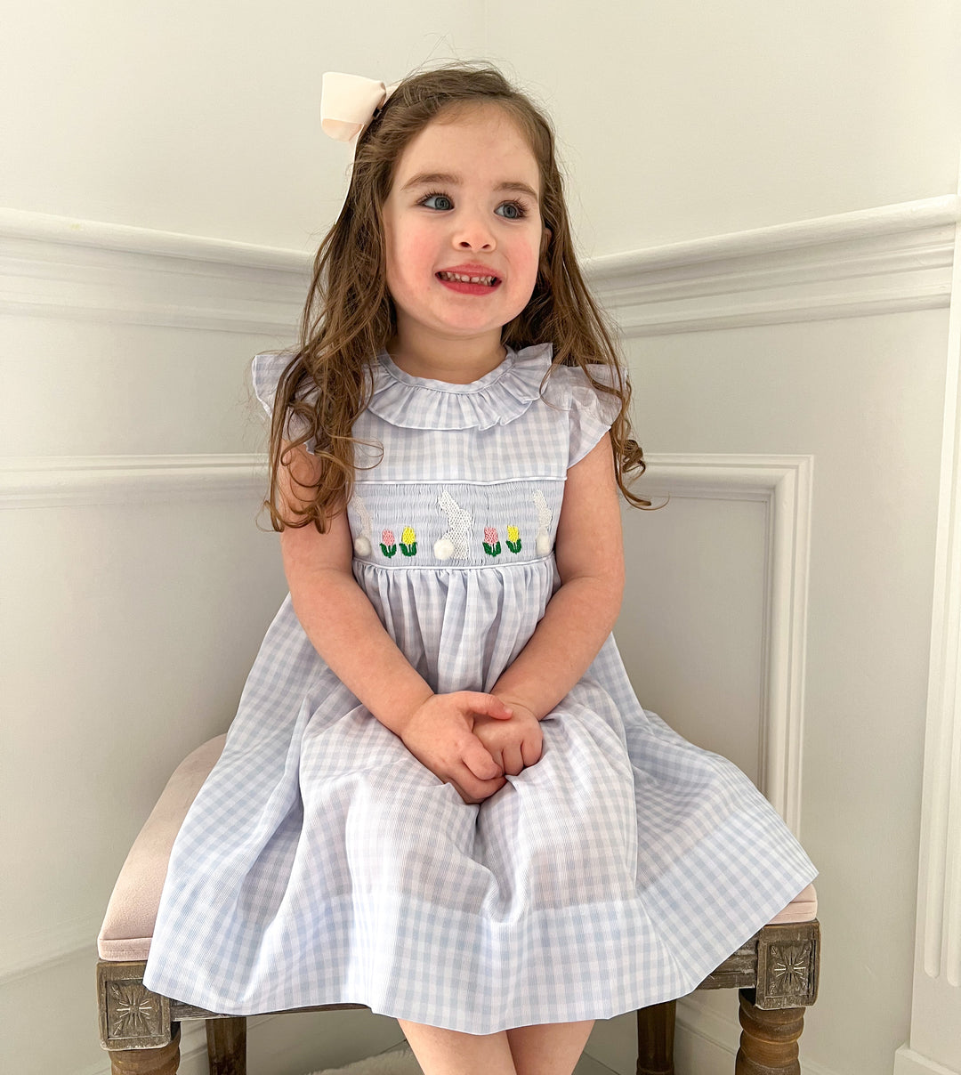 PRE-ORDER White Bunny on Blue Gingham Smocked Dress