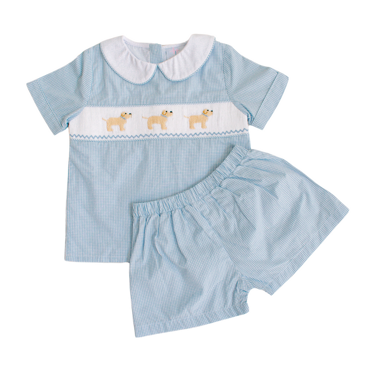 Puppy Blue Gingham Boy Short Set