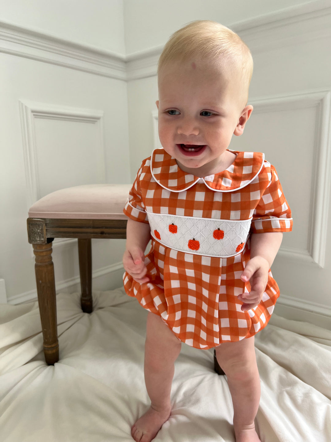 Boy Pumpkin Smocked Bubble