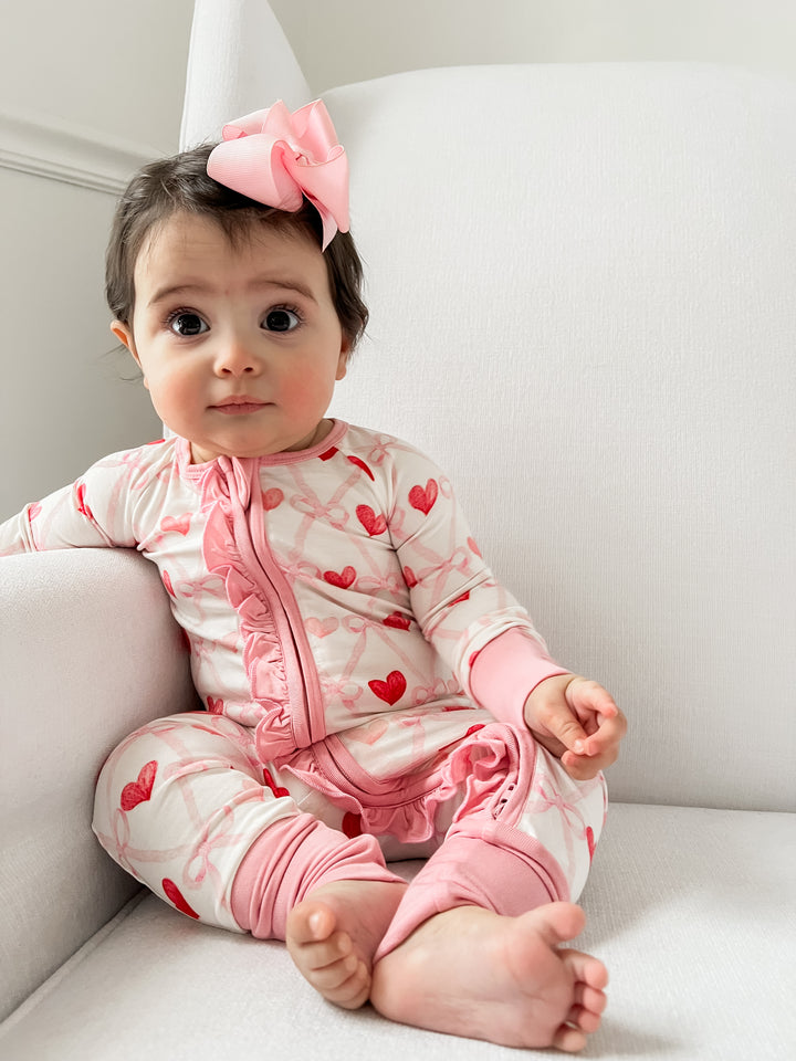 Hearts Kissing Bows Ruffle Romper