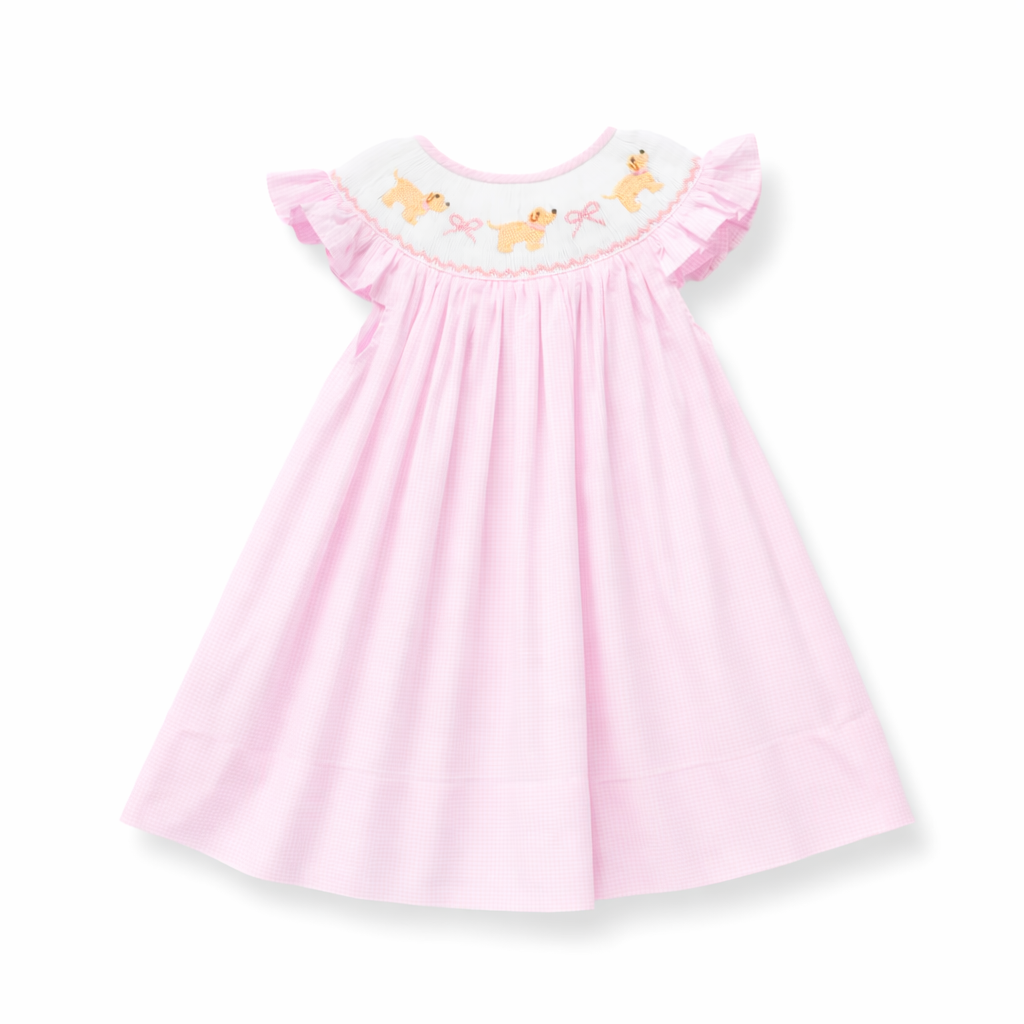 Puppy and Bows Pink Gingham Smocked Dress