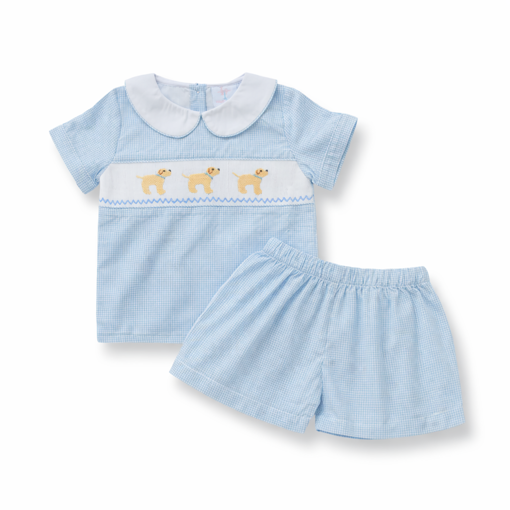 Puppy Blue Gingham Boy Short Set