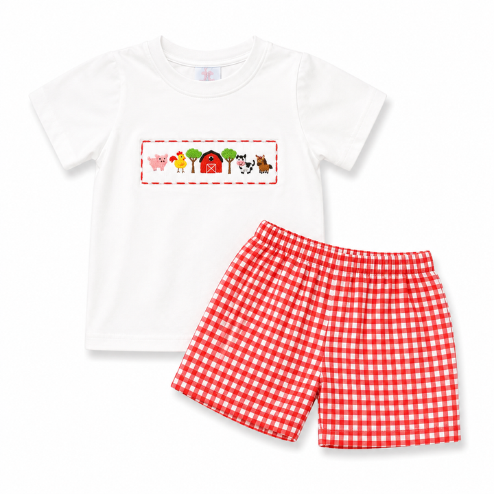 Boys Red Gingham Farm Short Set