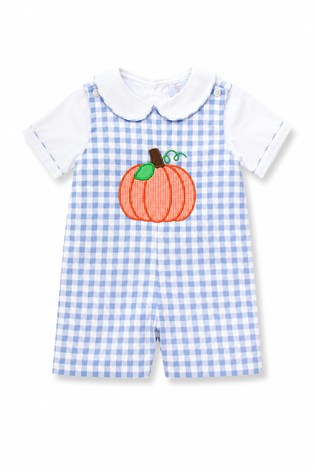 Blue Gingham Applique Pumpkin Shortall Set