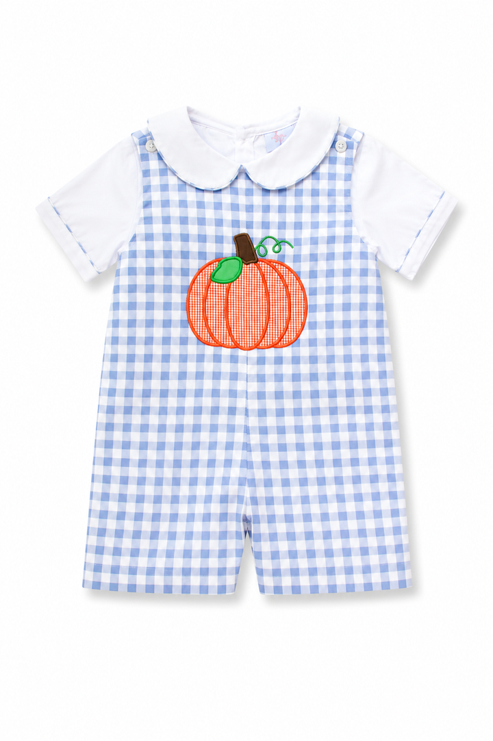 Blue Gingham Applique Pumpkin Shortall Set