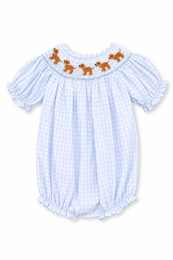Blue Gingham Puppy Smocked Bubble