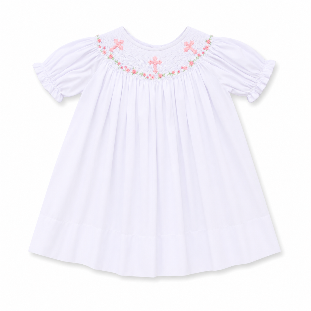 smocked cross dress Hand Pearl Baby Girl Bishop with Bonnet This girls smocked dress is a timeless piece crafted from white linen with elegant details Sunday Best Dress