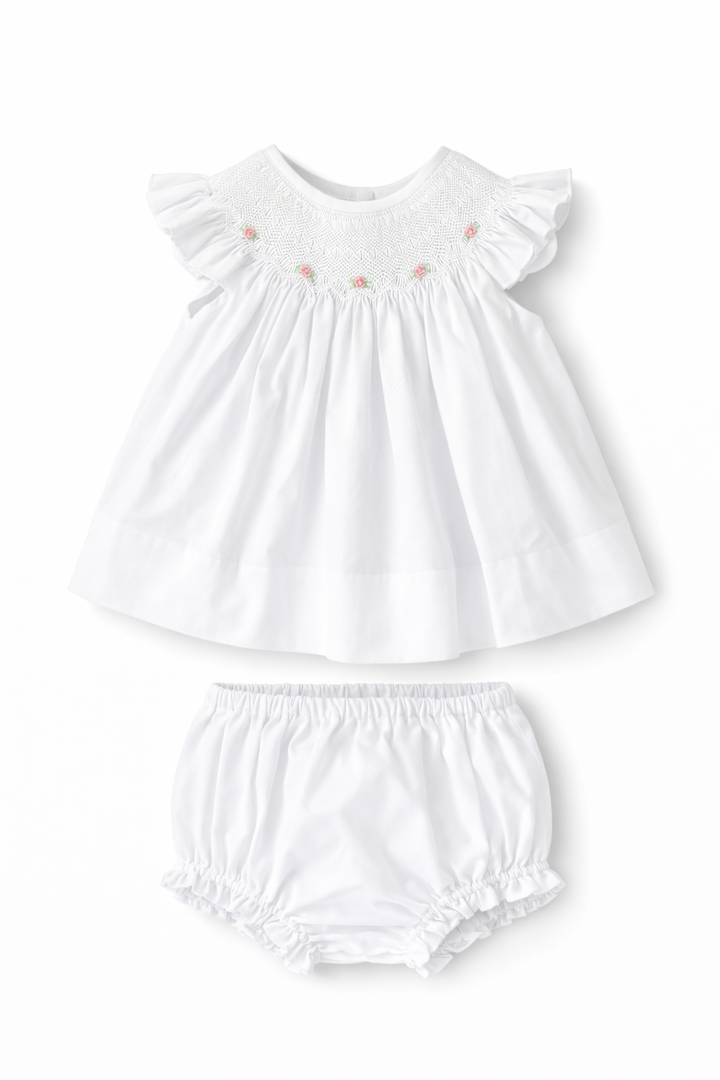 Pink Roses on White Smocked Diaper Set
