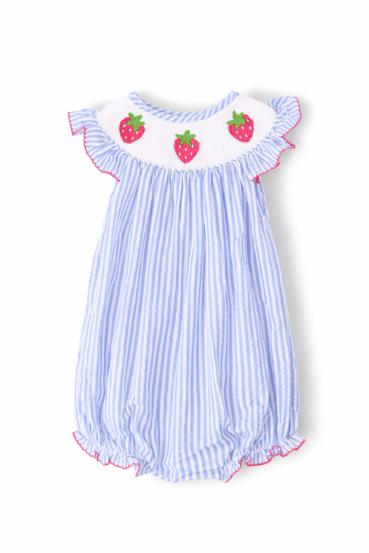 Sadie Strawberry Smocked Bubble in Blue