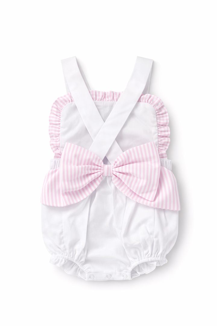 Pink Seersucker Ruffle Bubble with Bow Back