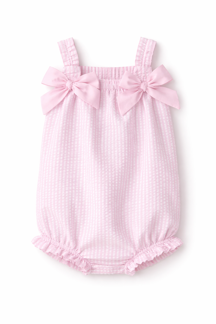 Pink Seersucker Bubble with Bows
