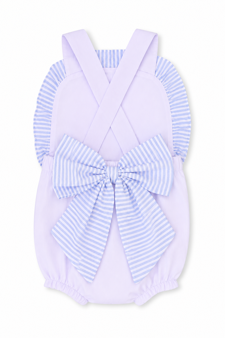 Blue Seersucker Ruffle Bubble with Bow Back