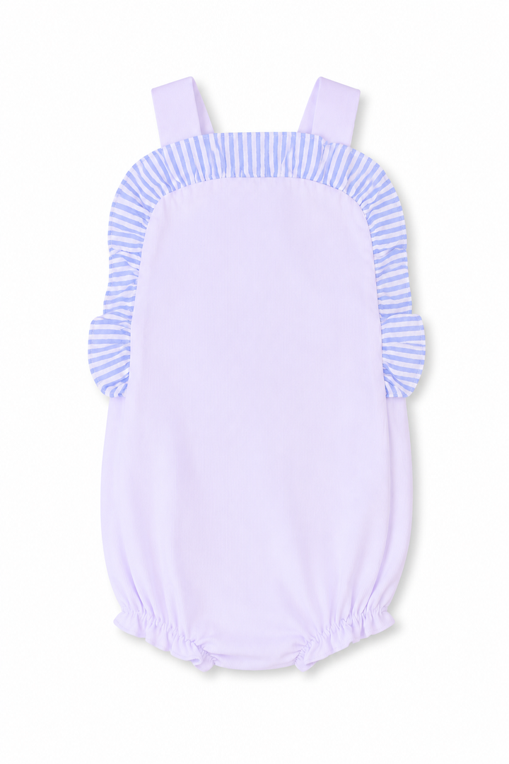Blue Seersucker Ruffle Bubble with Bow Back