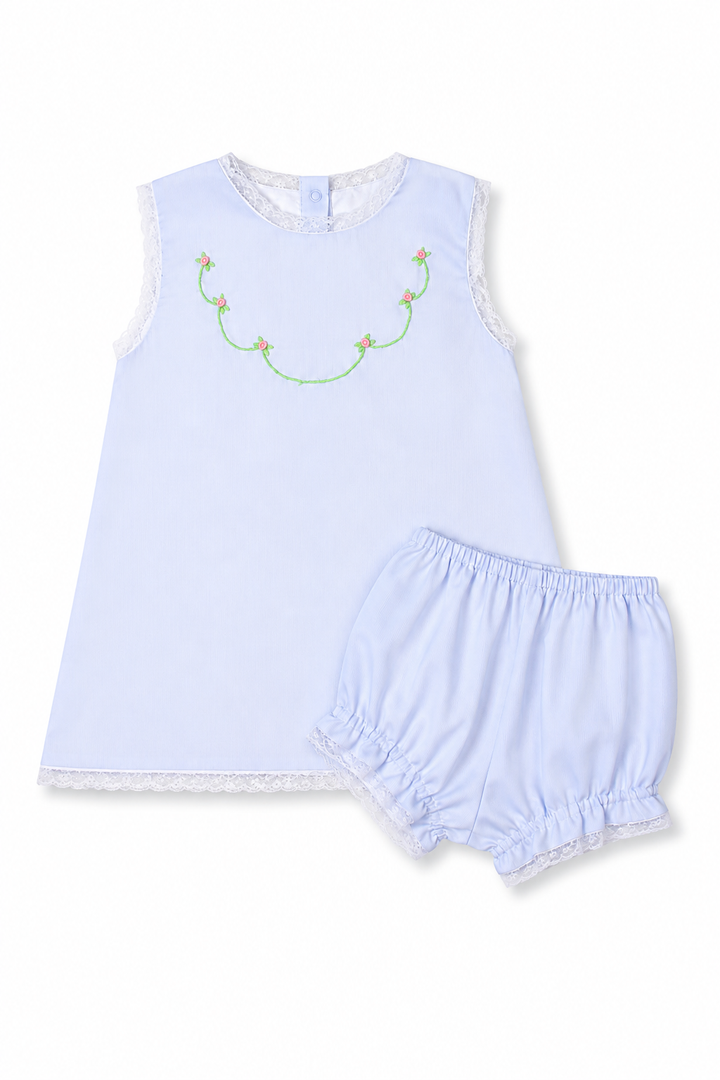 Pink Roses on Pale Blue Smocked Diaper Set