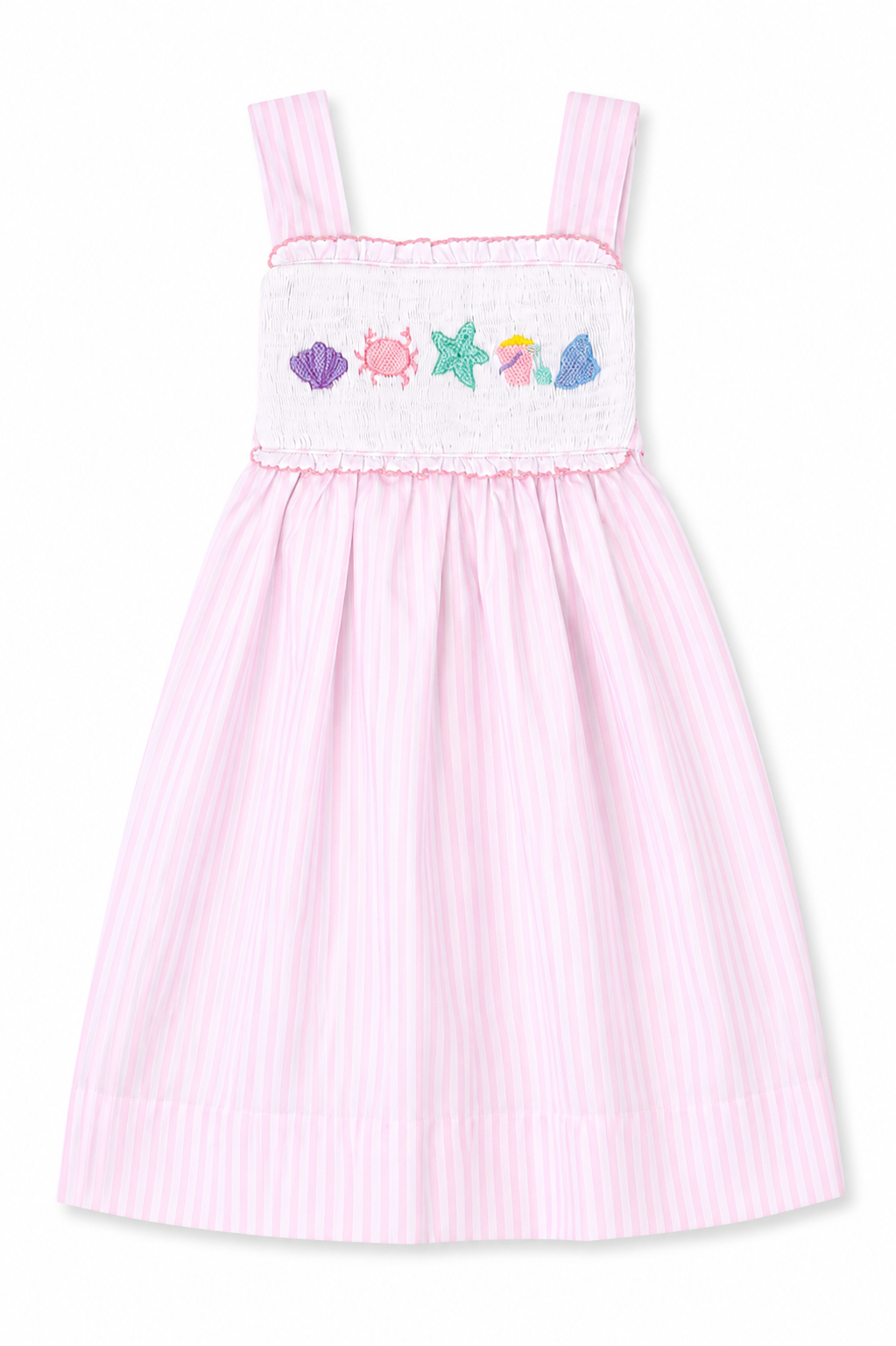 Pink Seersucker Smocked Seashell Dress