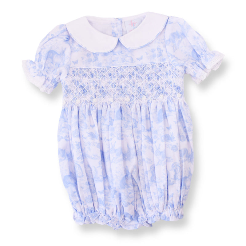 Blue Easter Bunny Toile Smocked Bubble