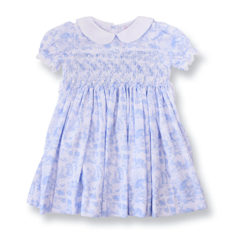 Blue Easter Bunny Toile Smocked Dress