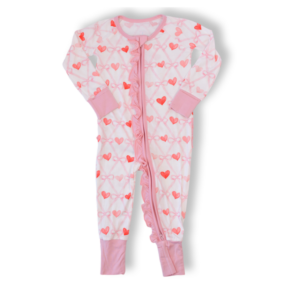 Hearts Kissing Bows Ruffle Romper