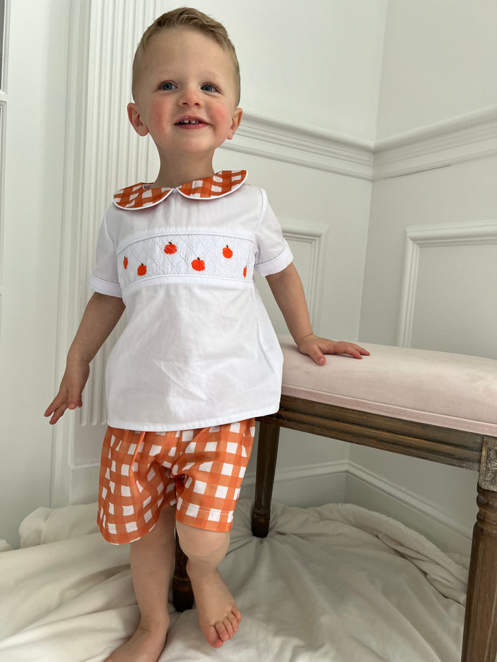 Boy Pumpkin Smocked Short Set