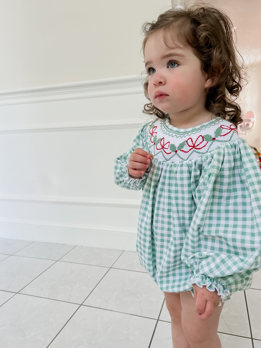 Blakely Red Bow Christmas Smocked Bubble