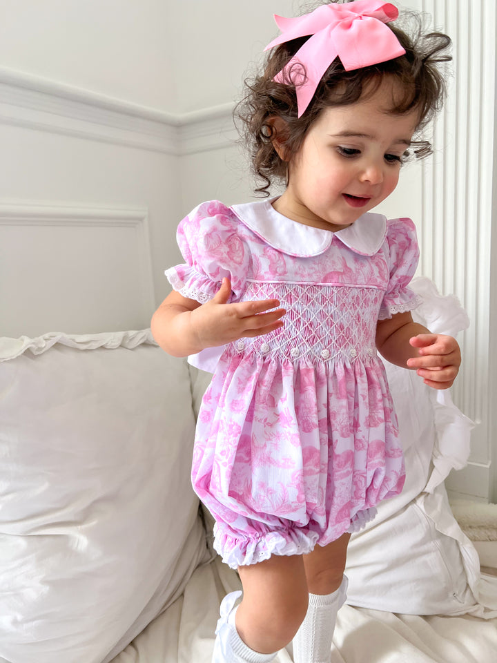 PRE-ORDER Pink Easter Bunny Toile Smocked Bubble