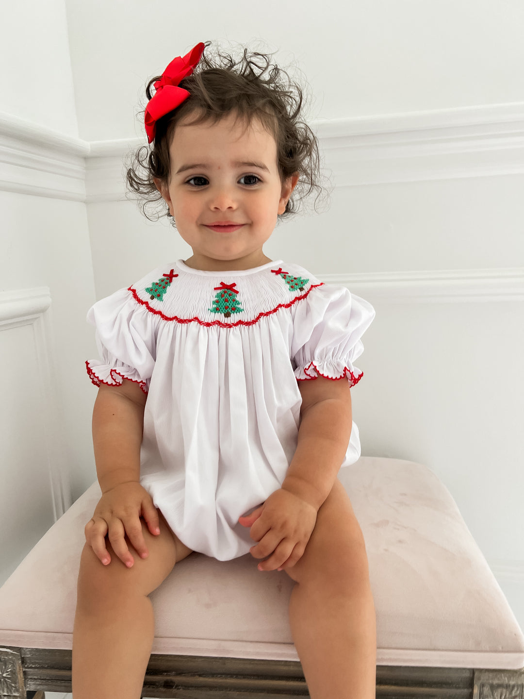 baby girl smocked christmas dress Christmas Tree Trio Smocked Dress, Green Gingham Stitchy Fish