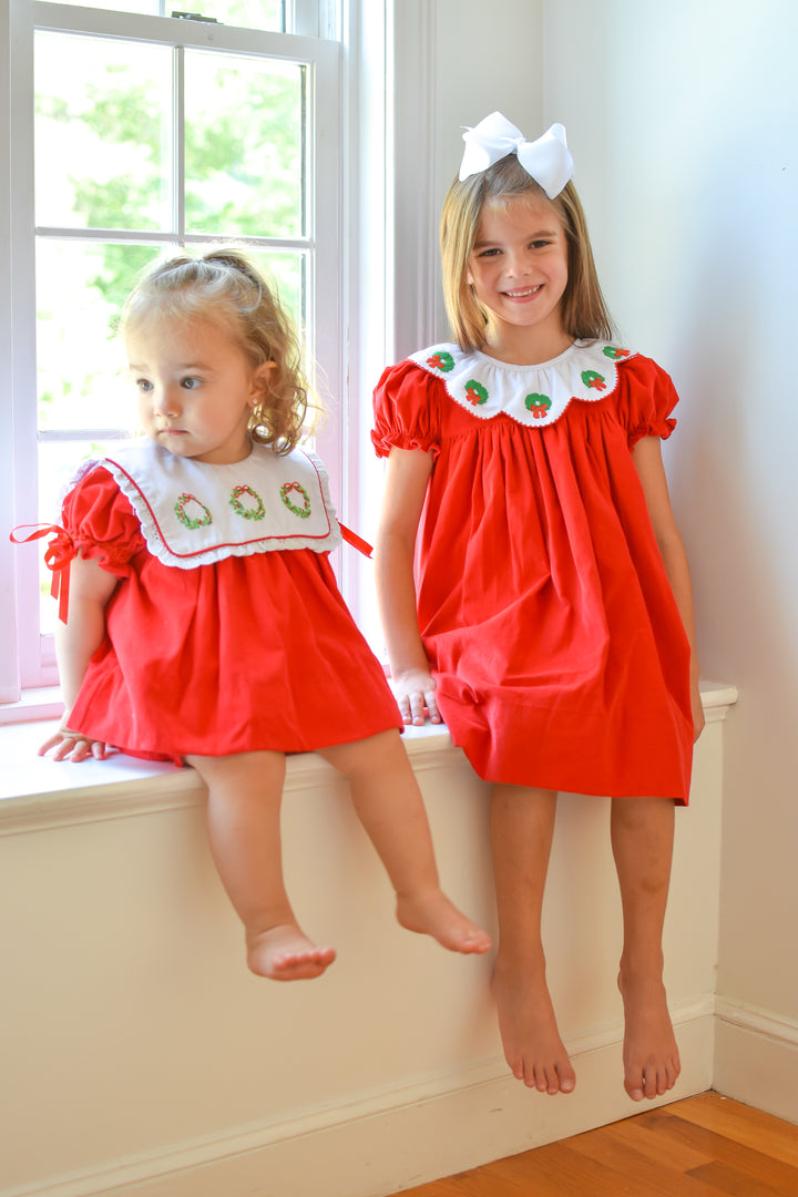 PRE-ORDER Girls Heirloom Red Corduroy Smocked Wreath Diaper Set