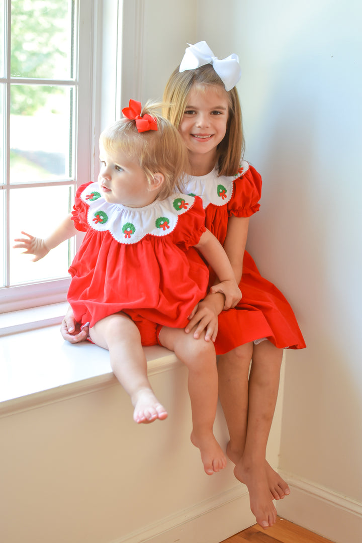 PRE-ORDER Girls Red Christmas Wreath Diaper Set with Scallop Collar