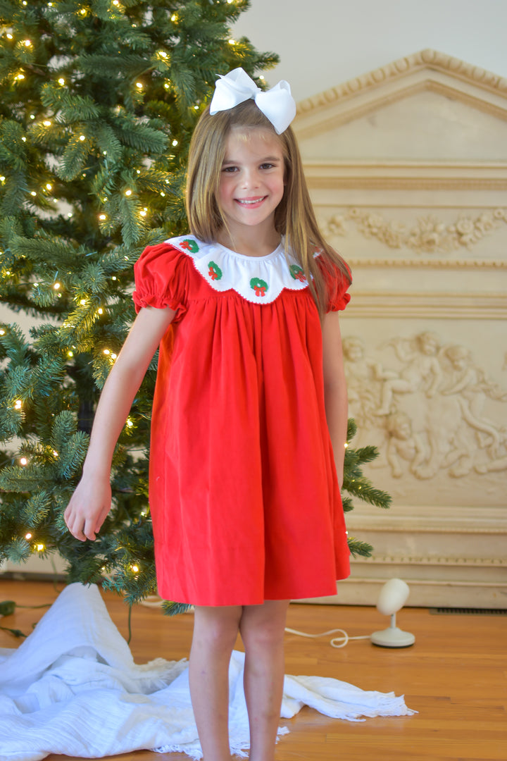 PRE-ORDER Girls Red Christmas Wreath Dress with Scallop Collar