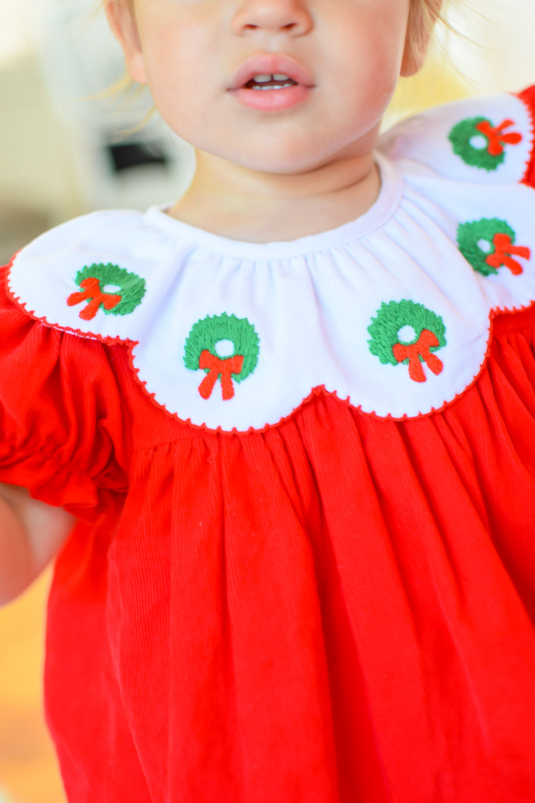 PRE-ORDER Girls Red Christmas Wreath Diaper Set with Scallop Collar