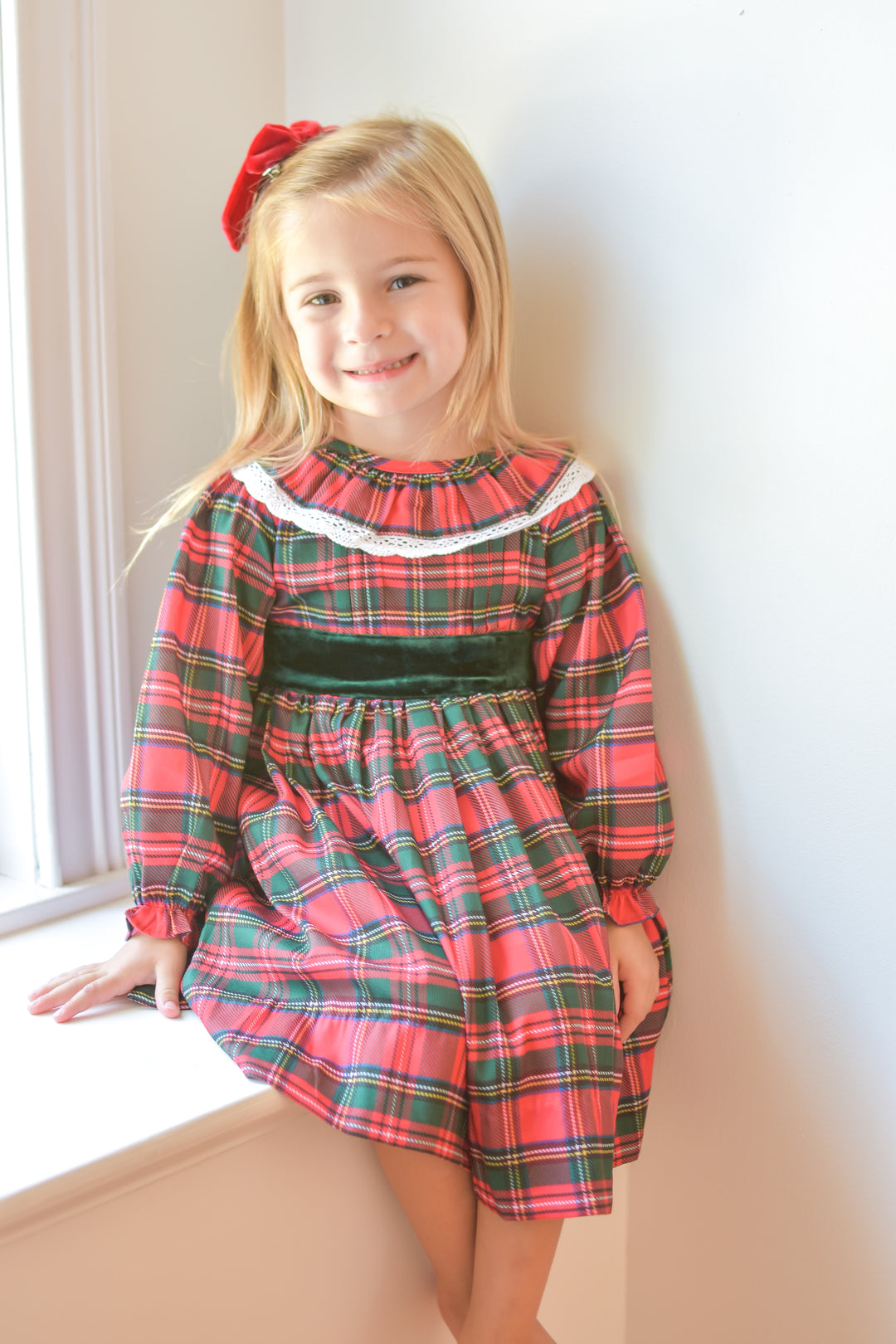 PRE-ORDER Girls Christmas Tartan with Green Velvet Bow Smocked Dress
